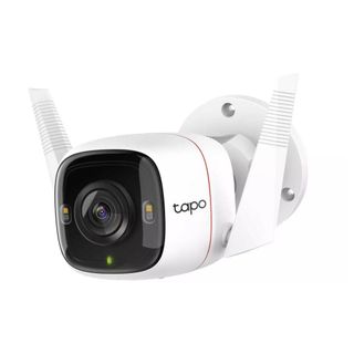 Tapo outdoor camera with black lens and white antenna coming out the side on a white background