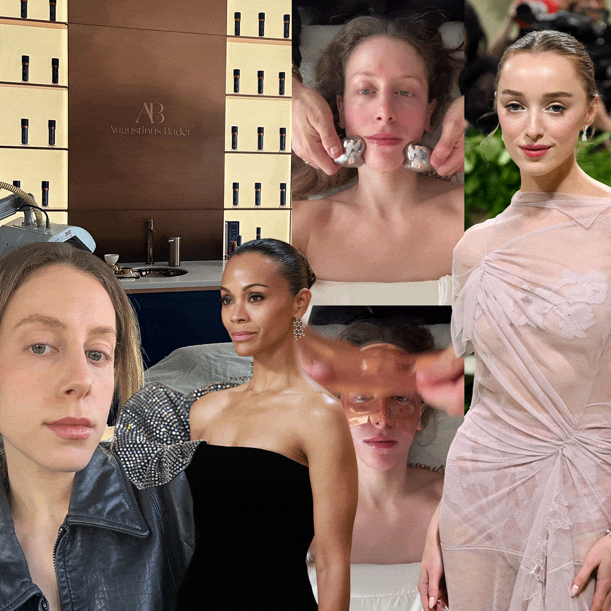 Collage of celebrities and Jamie Schneider receiving Lord Gavin's signature red carpet facial 
