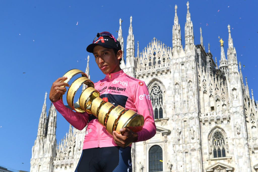 MILAN ITALY MAY 30 Egan Arley Bernal Gomez of Colombia and Team INEOS Grenadiers Pink Leader Jersey during the 104th Giro dItalia 2021 Stage 21 a 303km Individual Time Trial stage from Senago to Milano Duomo di Milano Milan Cathedral Trophy Trofeo Senza Fine ITT UCIworldtour girodiitalia Giro on May 30 2021 in Milan Italy Photo by Tim de WaeleGetty Images