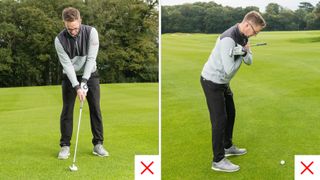 PGA pro Nick Drane demonstrating how not to set up to hit a golf shot