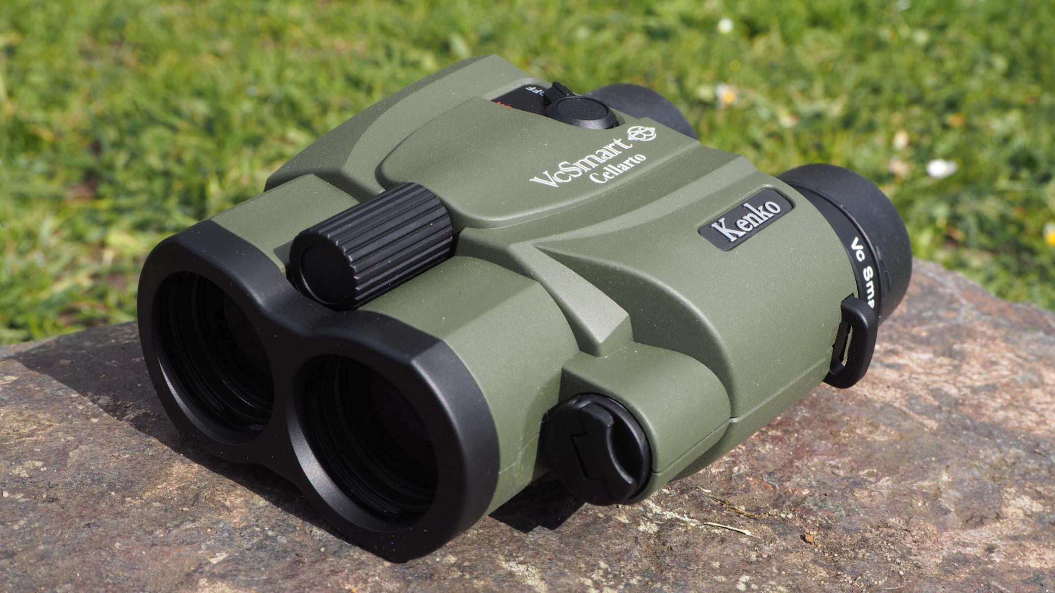Kenko VC Smart Cellarto 10x30 WP binoculars on a wall.