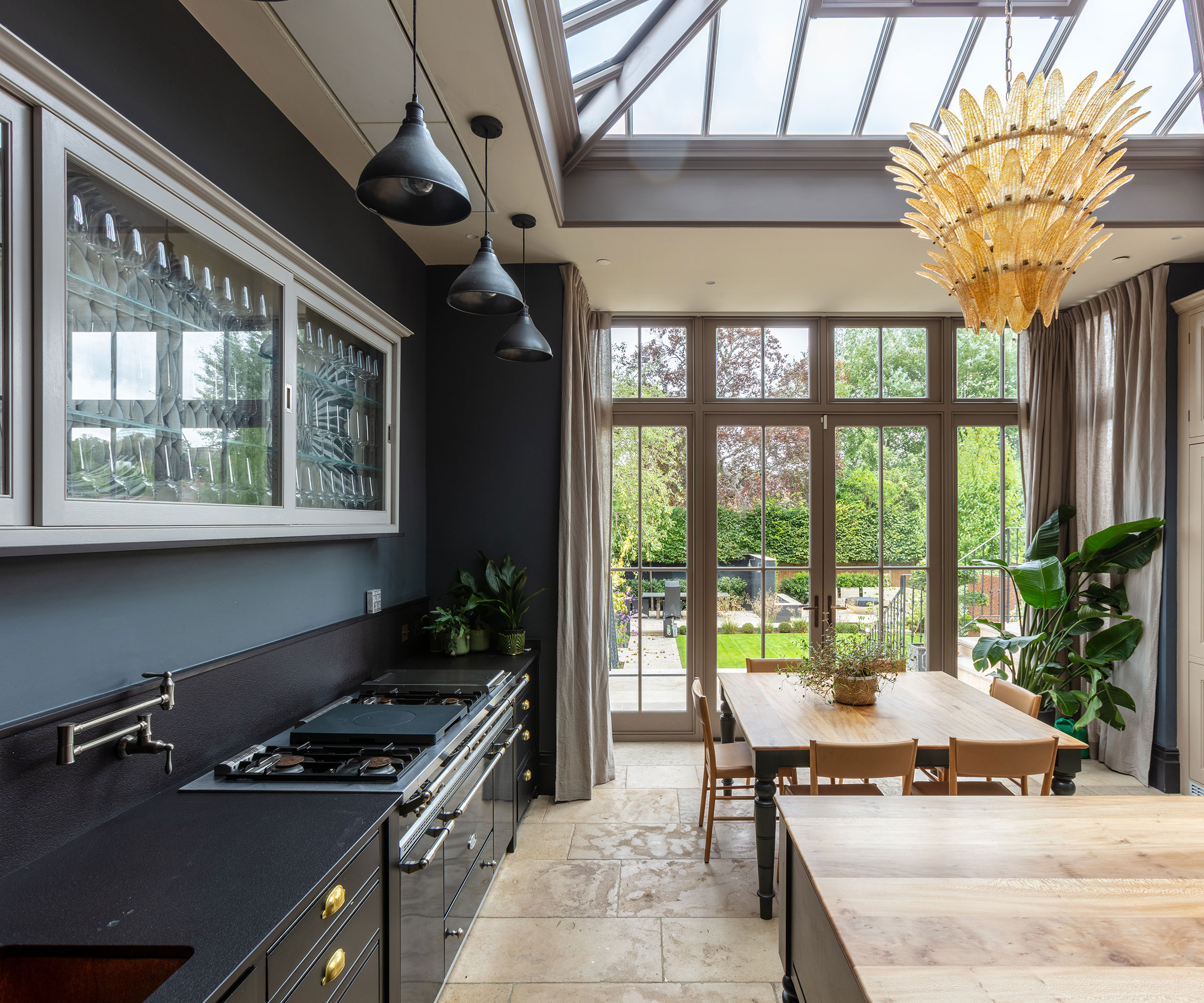 black one-wall kitchen orangery