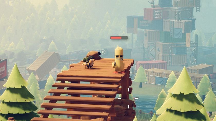 Escape From Duckov - A duck with sunglasses and a pistol stands on a wood platform looking over a lot of shipping containers.