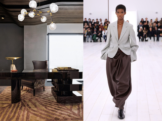 home office with grey, dark brown, and gold features paired with a person walking a runway wearing a grey suit and brown pants