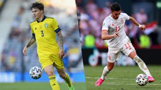 Victor Lindelöf of Sweden and Alvaro Morata of Spain play in the World Cup qualifier
