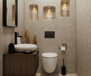 bathroom with rounded open shelves built into wall