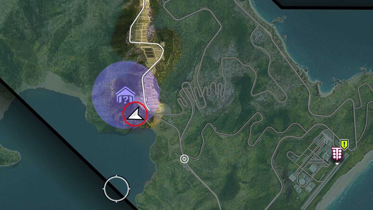 Forza Horizon 6 Barn Finds: A map with a red circle showing the location of the Barn Find within the purple search area.