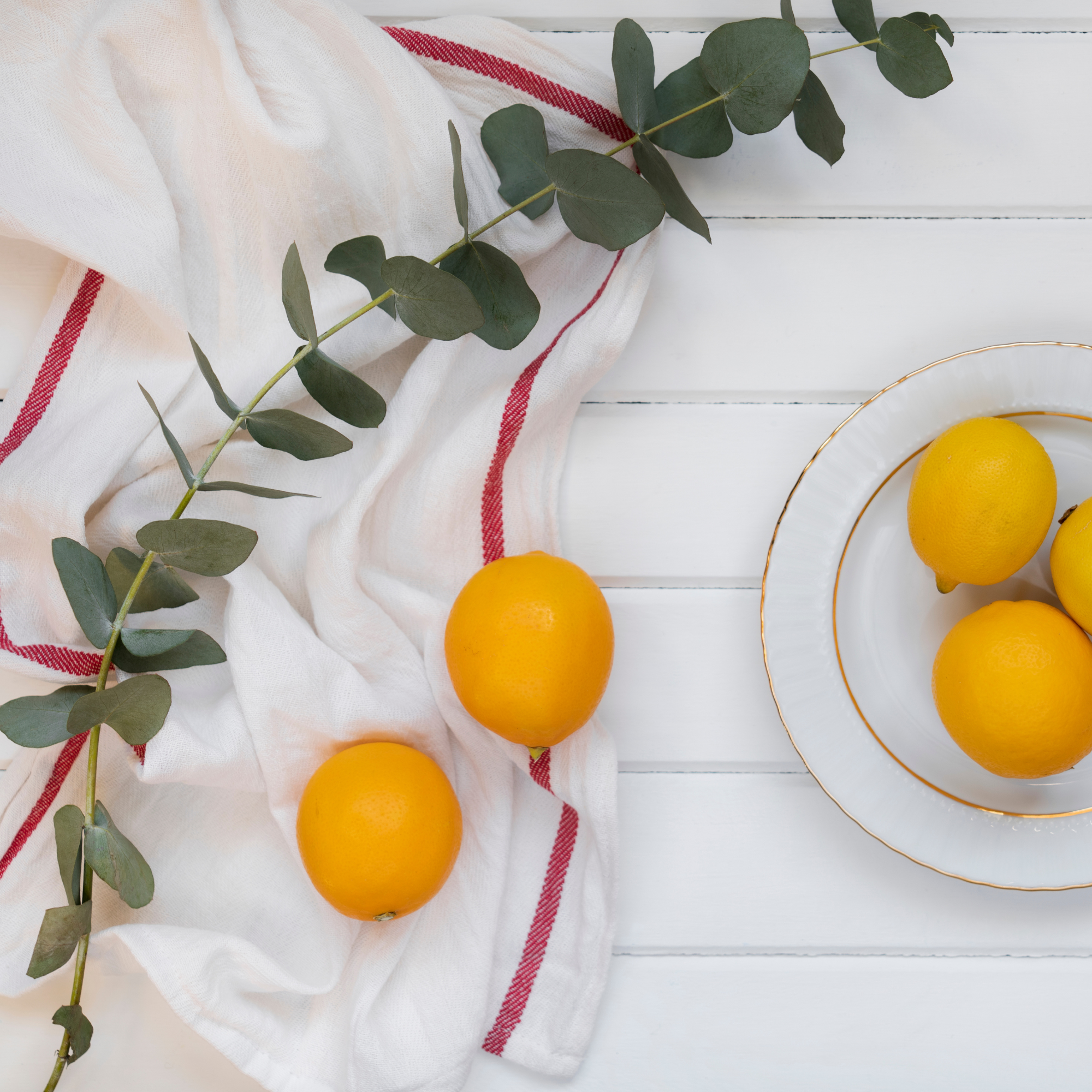 Lemons and eucalyptus on a white wood table.