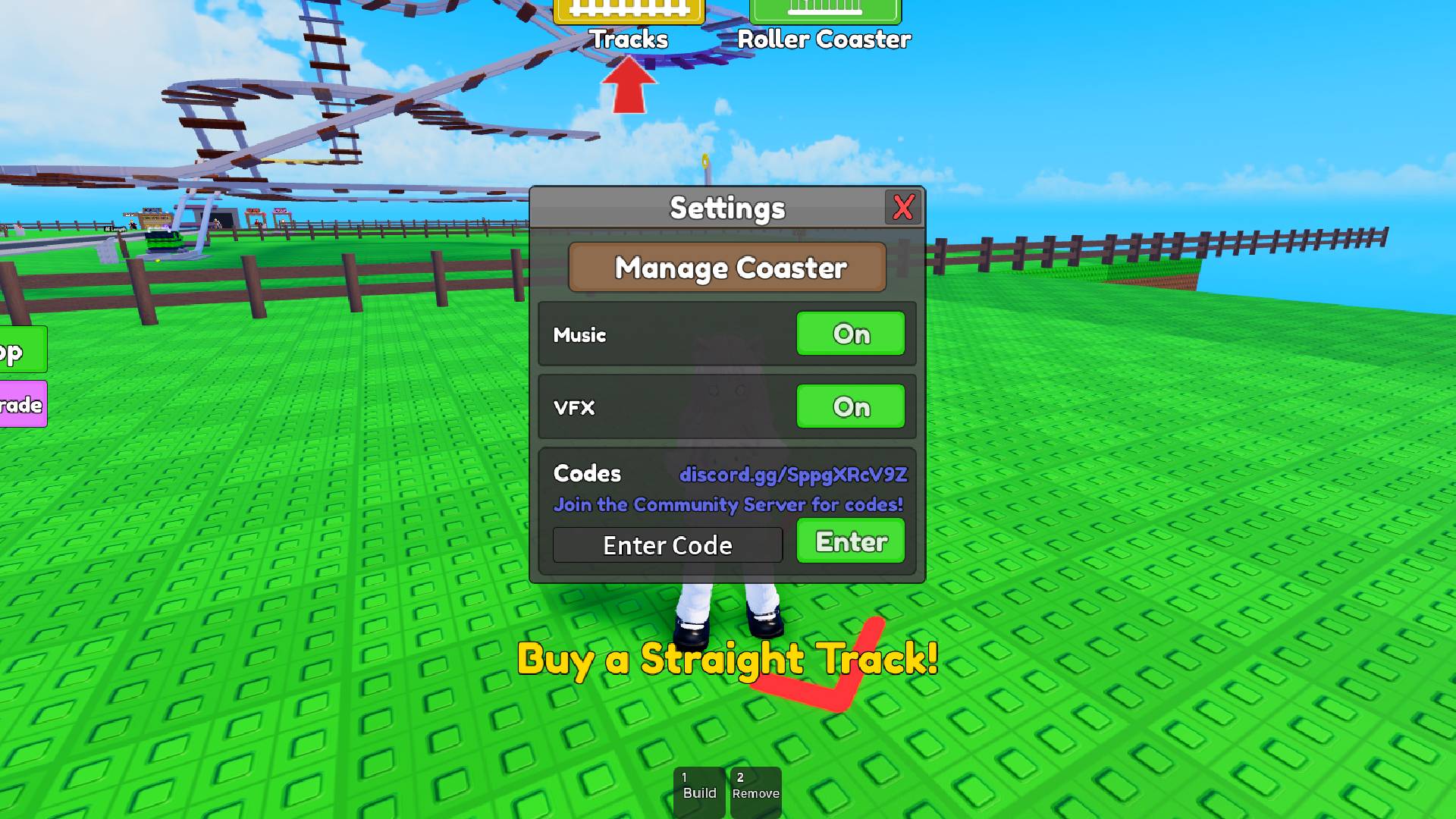 Build a Roller Coaster codes redemption screen