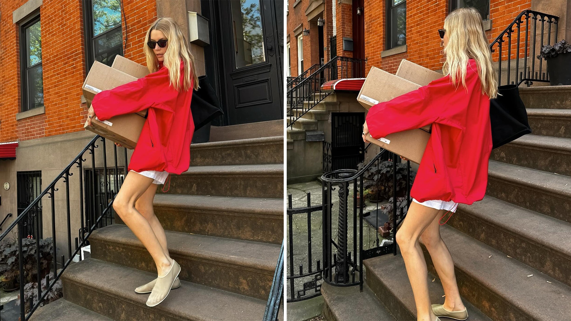 collage of style influencer Courtney Grow walking down the stairs of an NYC brownstone carrying box packages wearing a red jacket, white shorts, and neutral mesh flats