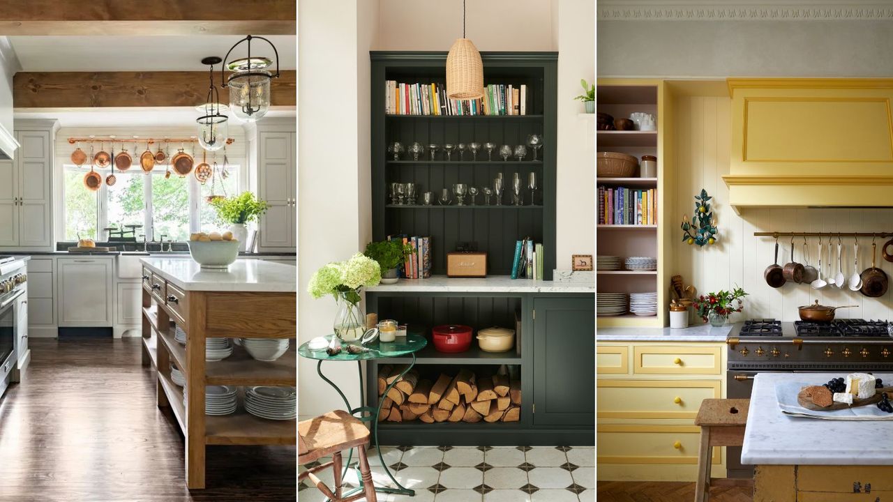 trio of images showing open kitchen cabinet displays of vintage kitchen and cookware