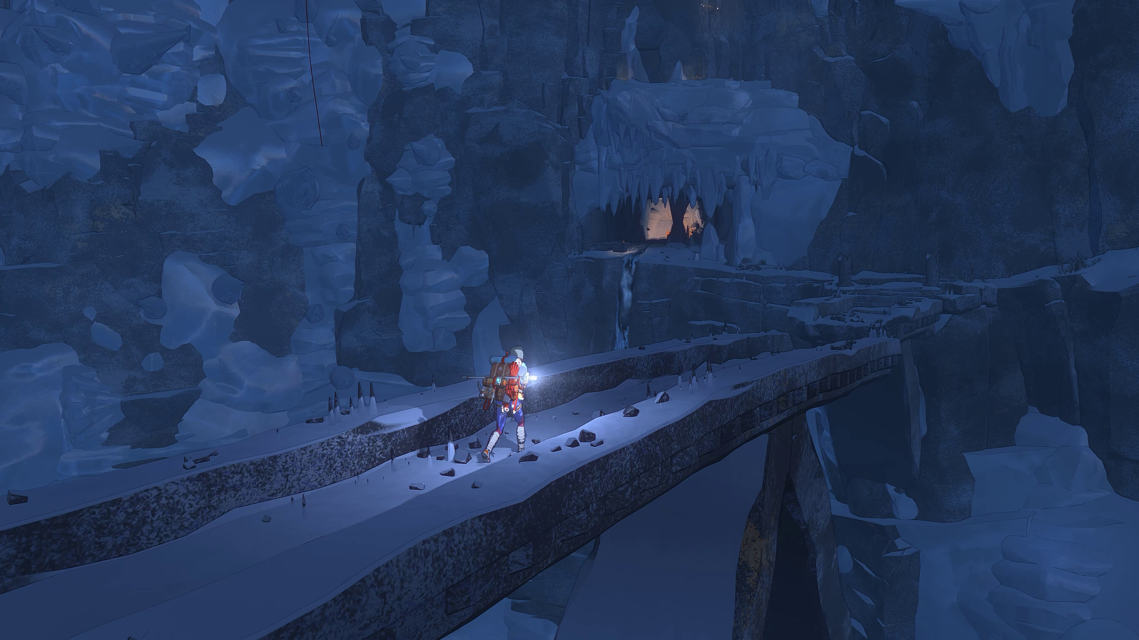 A screenshot from the climbing game Cairn showing the player character, mountains, and gear