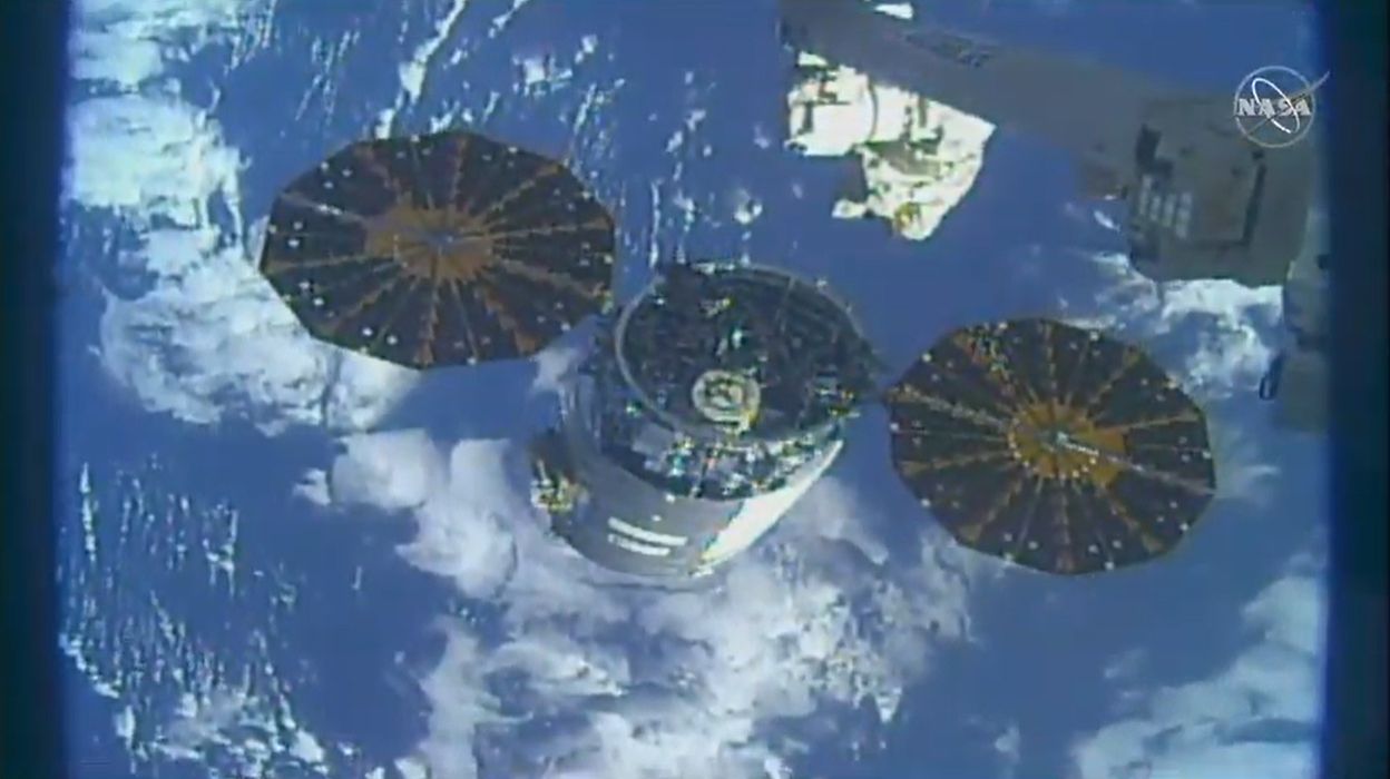 The Cygnus NG-13 cargo ship, an uncrewed freighter built by Northrop Grumman, departs the International Space Station on May 11, 2020.