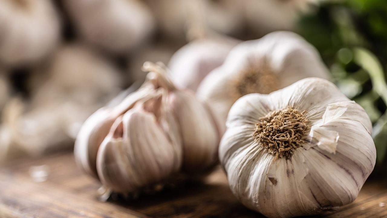 Unpeeled garlic bulbs on wooden kitchen surface