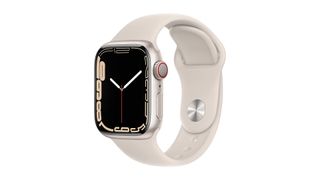 Image shows an Apple Watch 3 with a white bracelet.