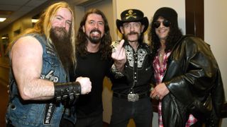 Zakk Wylde, Dave Grohl, Lemmy Kilmister and Slash backstage during Dave Grohl's birthday bash at The Forum on January 10, 2015 in Inglewood, California