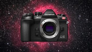 OM System E-M1 Mark III Astro camera against a deep sky astrophotography image