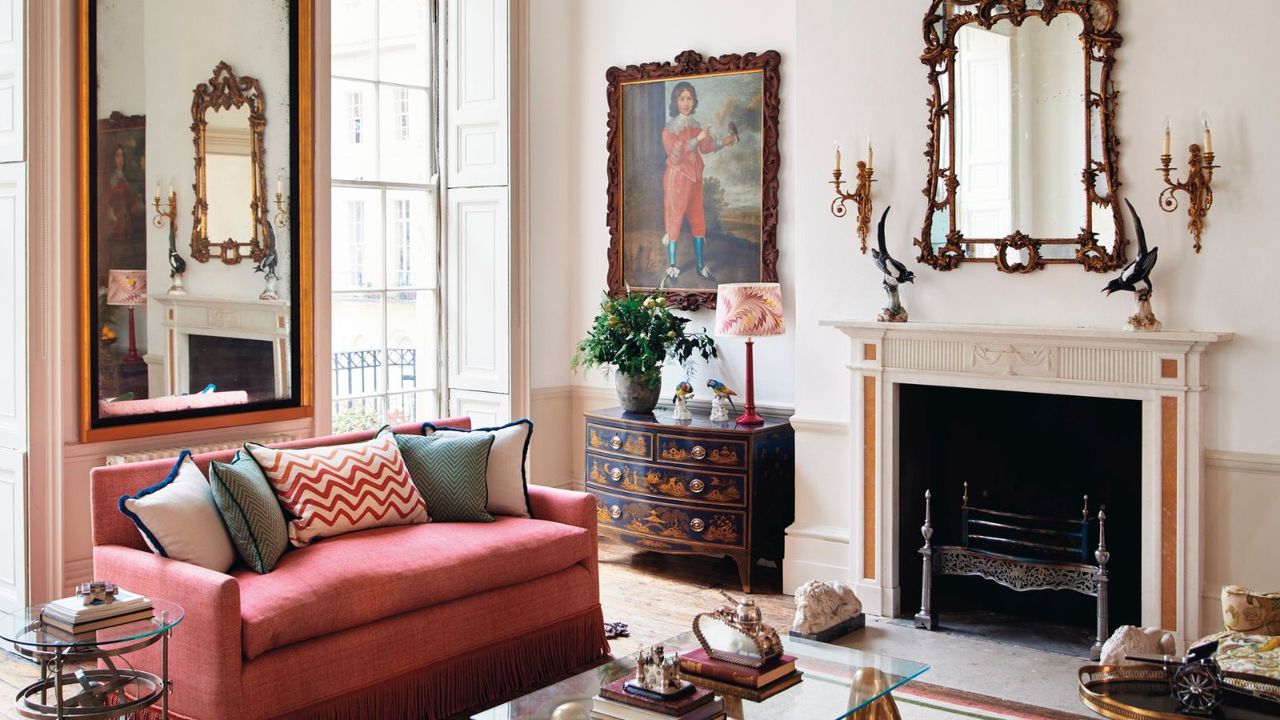 Grand living room with large windows and mirror