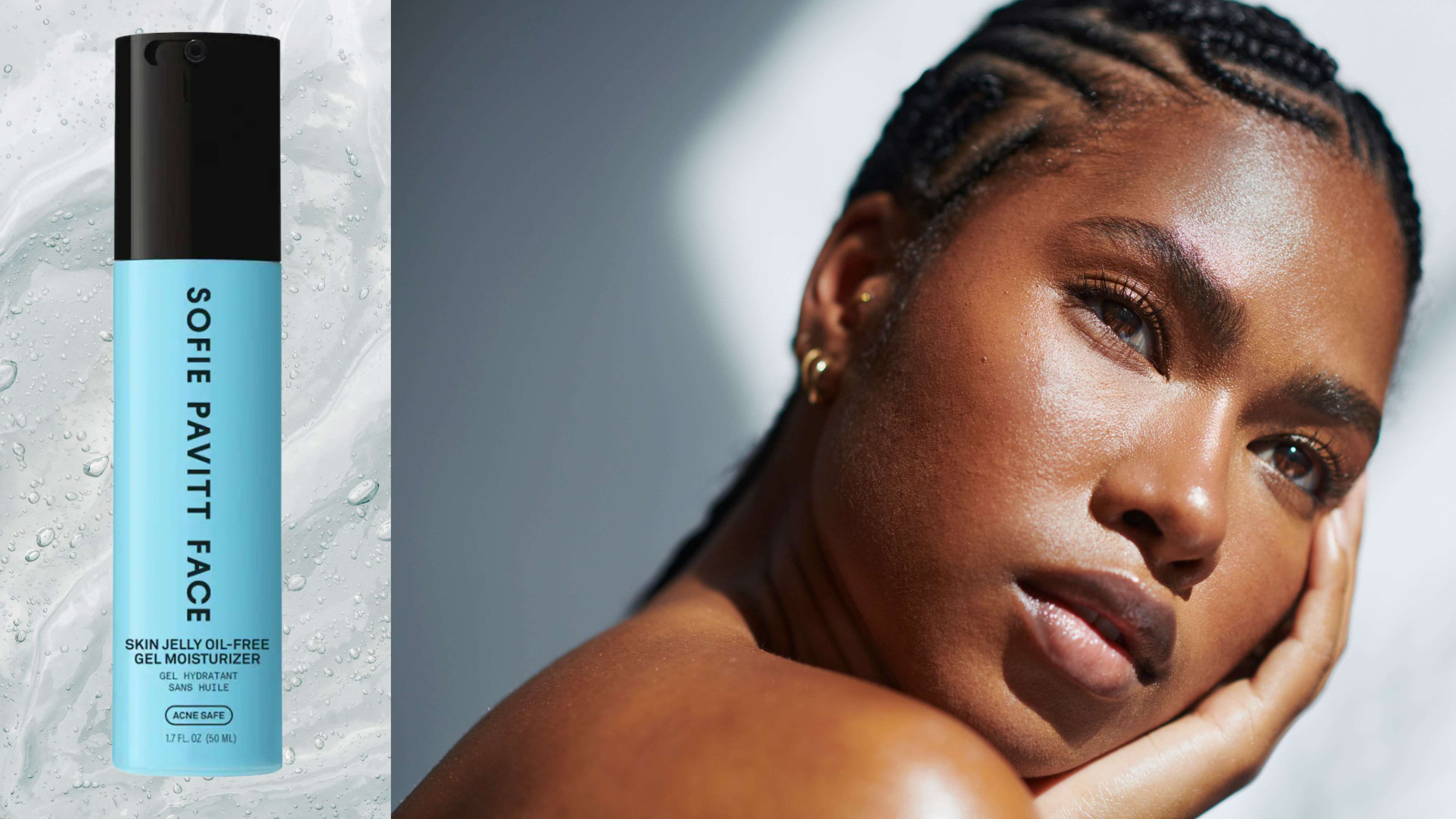 A woman with glowing skin looking into the camera next to a bottle of gel moisturizer. 