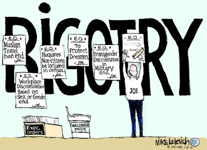 Political Cartoon U.S. Biden executive orders bigotry