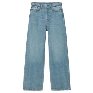 cut image of wide leg mid wash jeans from COS