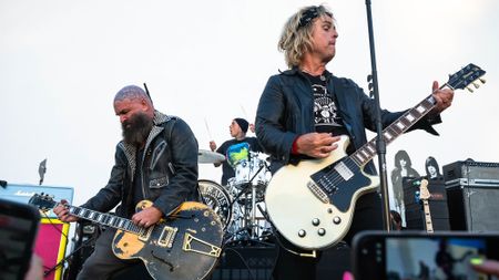 Tim Armstrong of Rancid, Travis Barker of Blink 182 and Billie Joe Armstrong of Green Day play Ramones songs during Ramones 50th Anniversary Tribute at Hollywood Forever Cemetery on August 30, 2026