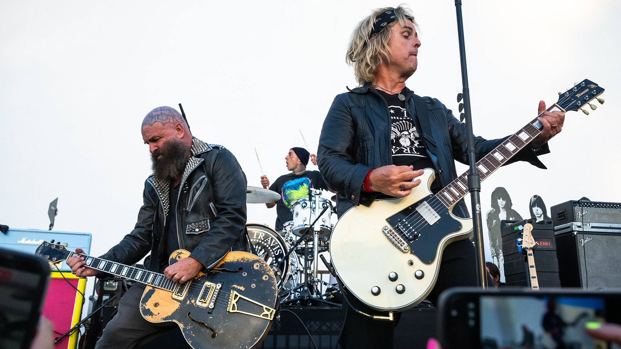 Tim Armstrong of Rancid, Travis Barker of Blink 182 and Billie Joe Armstrong of Green Day play Ramones songs during Ramones 50th Anniversary Tribute at Hollywood Forever Cemetery on August 30, 2026