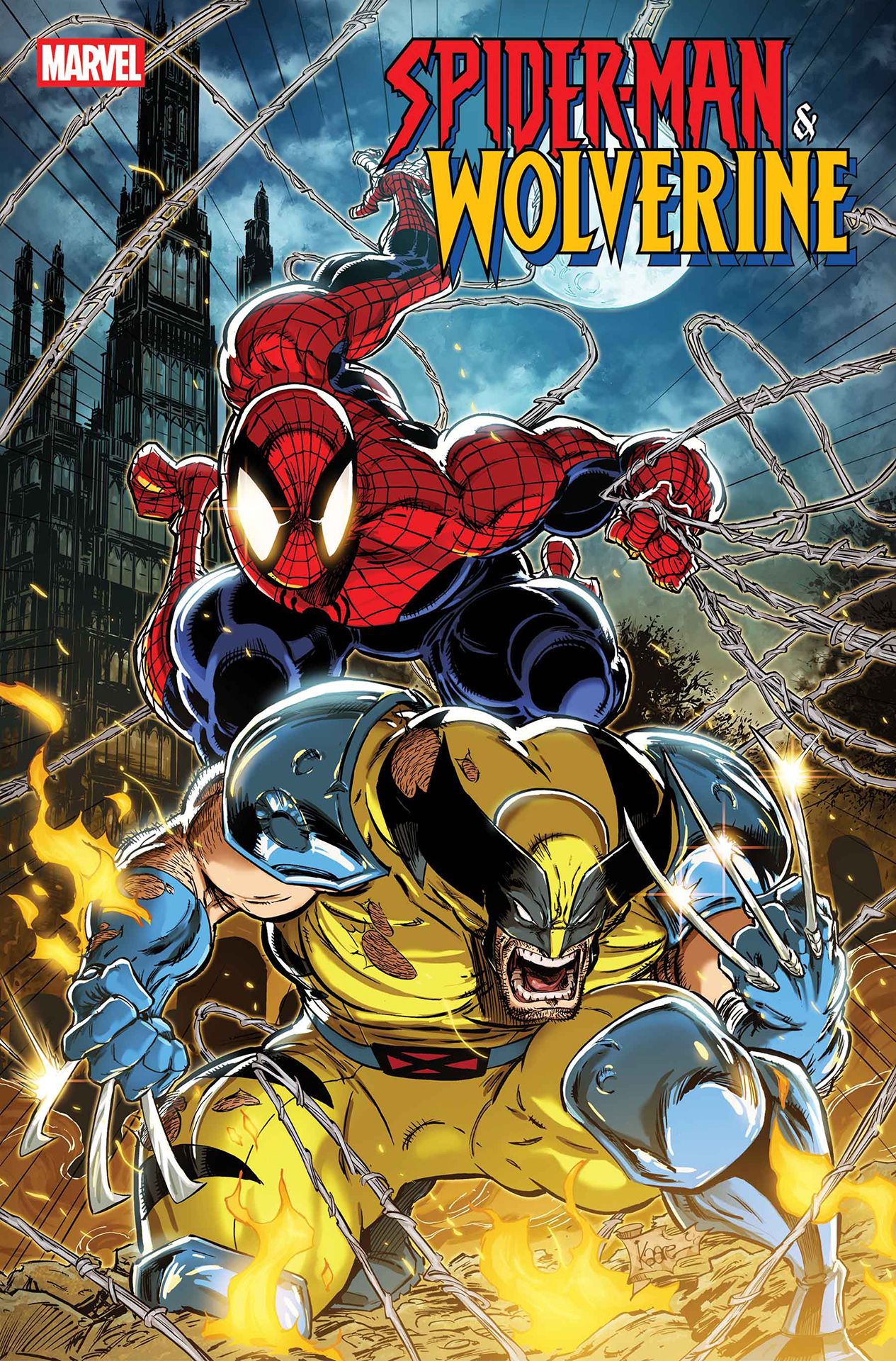 Spider-Man &amp; Wolverine #1 cover by Kaare Andrews with Wolverine posing in a berserker rage as Spider-Man swings in behind him.