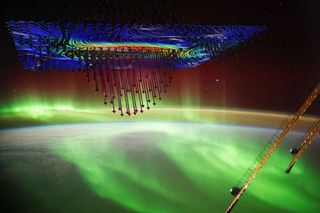 An illustration shows how electrons descend from space on Alfven waves to create the aurora borealis.