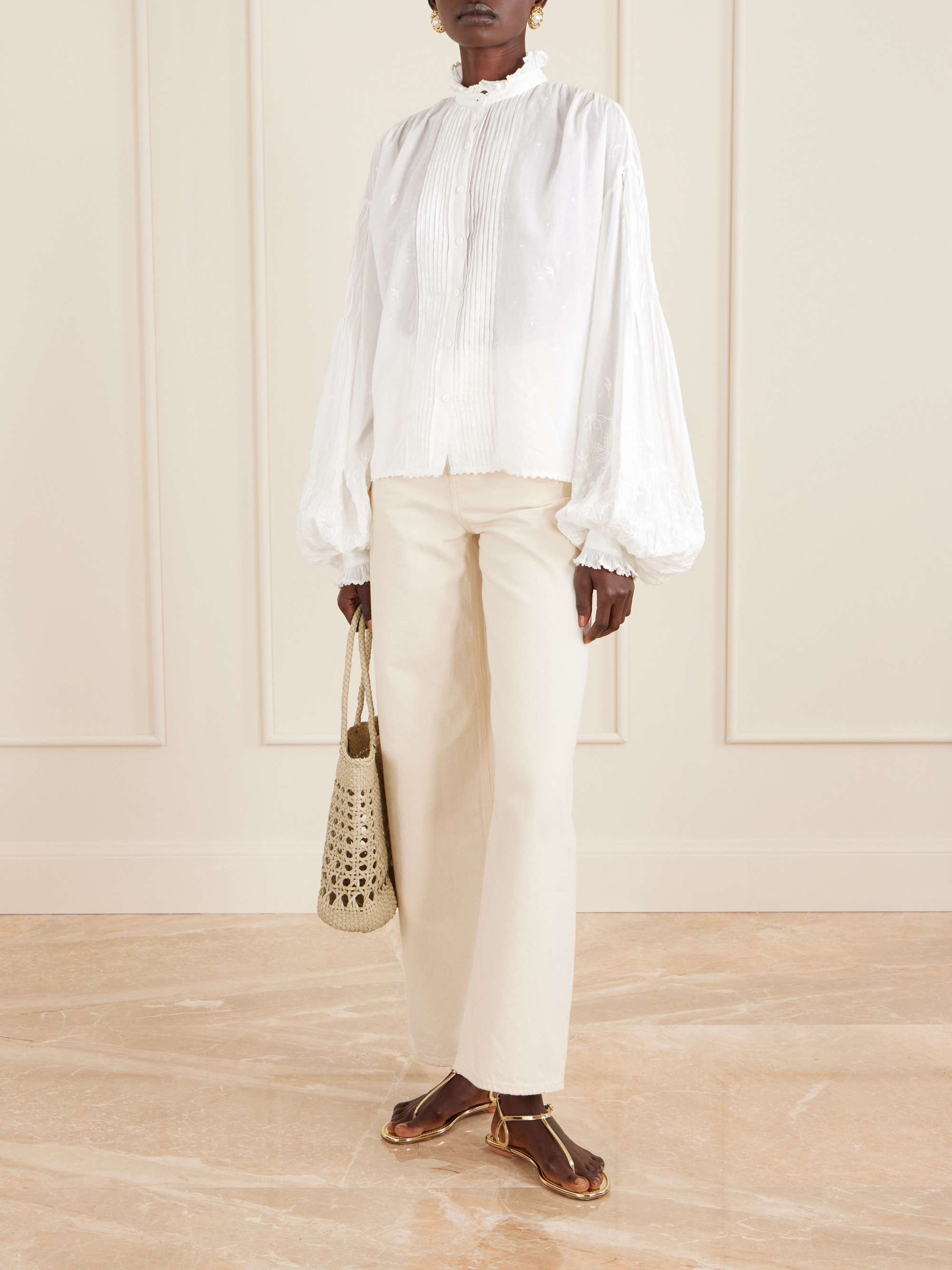 Slava Ruched Pleated Embroidered Cotton-Voile Shirt