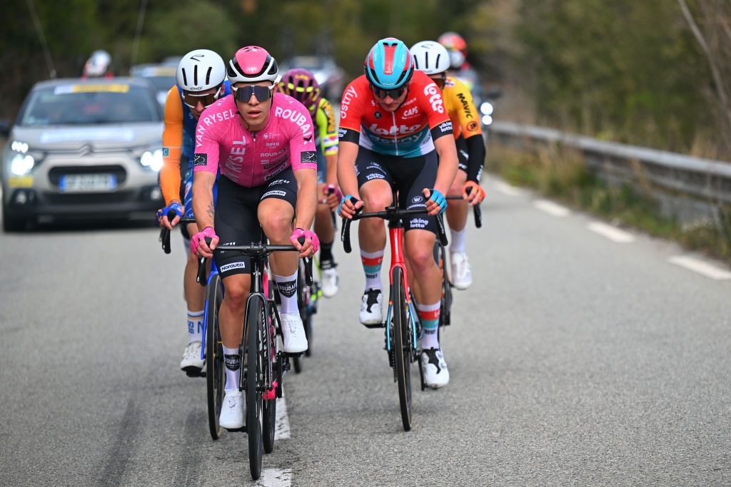 MONT-FARON, FRANCE - FEBRUARY 16: (L-R) Valentin Tabellion of France and Team Van Rysel-Roubaix and Victor Vaneeckhoutte of Belgium and Team Lotto-Dstny compete in the breakaway during the 1st Classic Var 2024 a 184.3km one day race from Saint-Raphael to Mont Faron 499m on February 16, 2024 in Mont Faron, France. (Photo by Billy Ceusters/Getty Images)