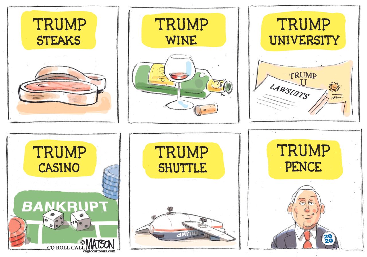 Political cartoon U.S. 2016 election Donald Trump brand Mike Pence