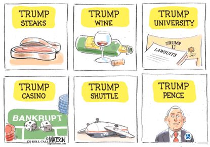 Political cartoon U.S. 2016 election Donald Trump brand Mike Pence