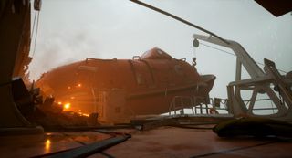 A lifeboat hanging from an oil rig in the game Still Wakes the Deep