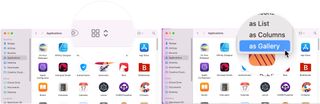 To use Finder's Gallery View, click on the Finder icon in your Dock to open a new Finder window. Navigate to the folder or section that you want to view. Click the Gallery View button on the right-most side of the view selection buttons on the Finder window.
