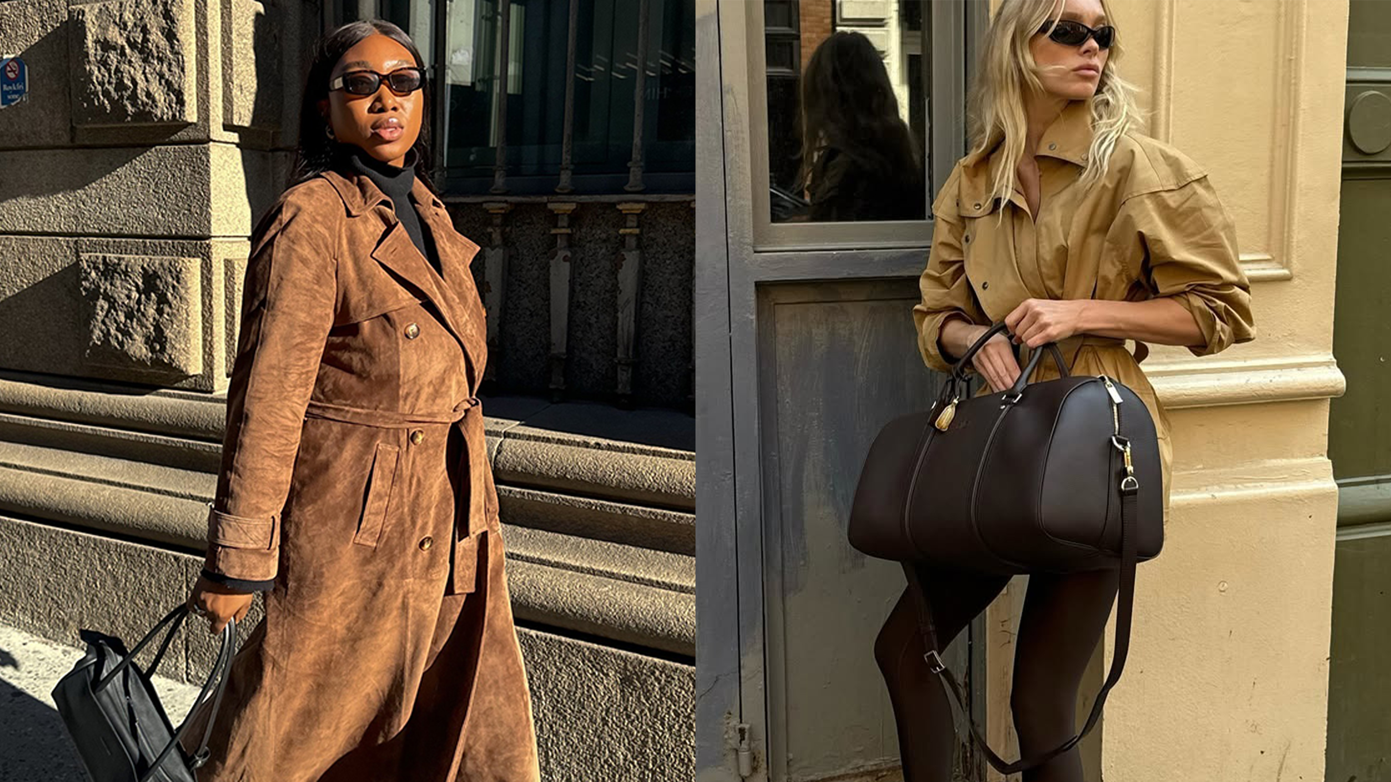 Influencer Nnenna wears a suede long coat, a black East West bag, black slacks, and suede Adidas sneakers. Elsa Hosk wears an Alo bag with suede sneakers, brown leggings, and a beige jacket.