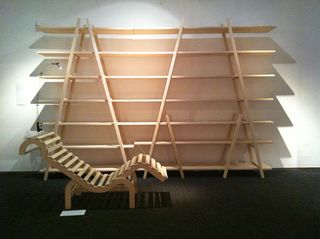 'Tikas' shelving and new wood lounger, by Pekka Harni and Yuka Takahahi, on show at the Design Museum