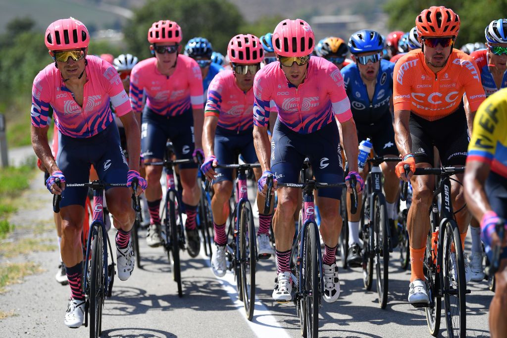SATURNIA ITALY SEPTEMBER 09 Magnus Cort of Denmark and Team EF Pro Cycling Lawson Craddock of The United States and Team EF Pro Cycling Ruben Guerreiro of Portugal and Team EF Pro Cycling Michael Woods of Canada and Team EF Pro Cycling Benjamin Dyball of Australia and Team NTT Pro Cycling Pavel Kochetkov of Russia and CCC Team during the 55th TirrenoAdriatico 2020 Stage 3 a 217km stage from Follonica to Saturnia 294m TirrenAdriatico on September 09 2020 in Saturnia Italy Photo by Justin SetterfieldGetty Images