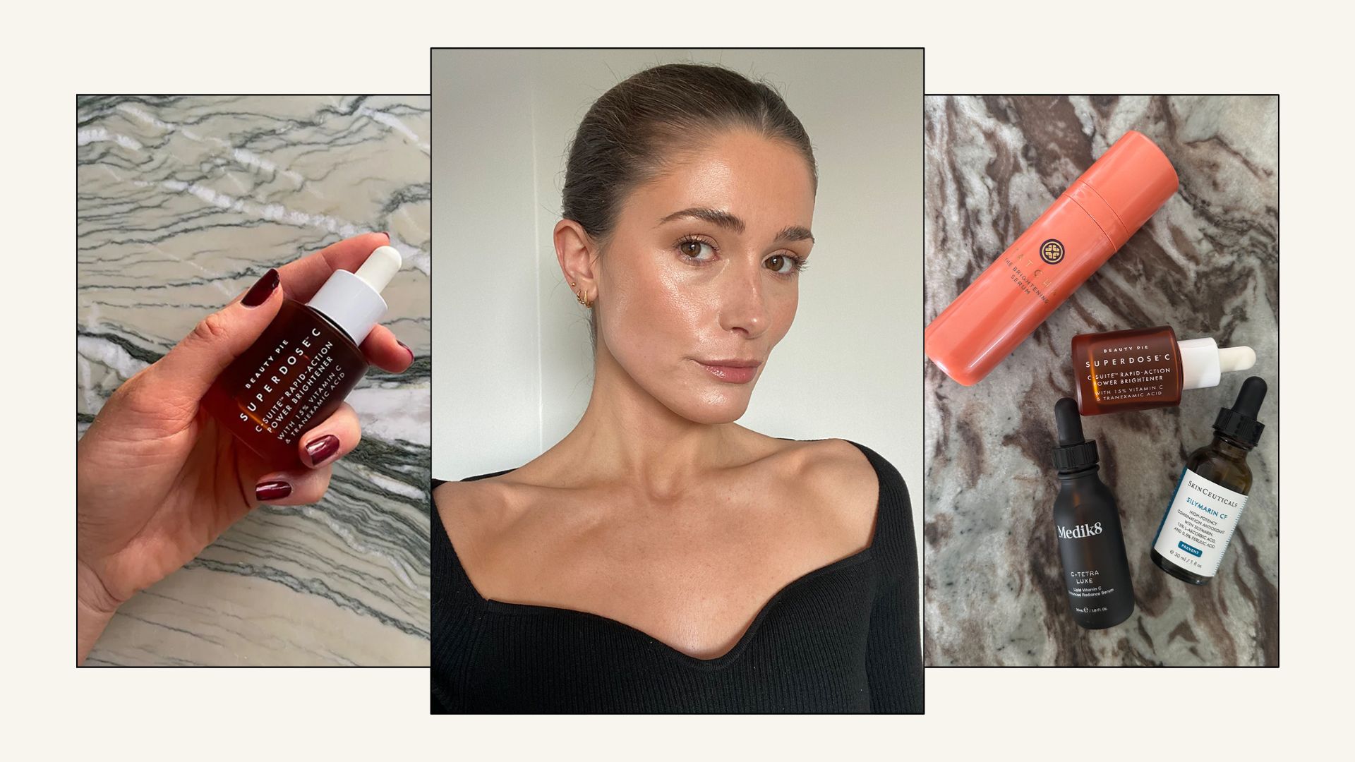 Collage featuring a picture of beauty editor Eleanor Vousden, including products pictures of vitamin C serums