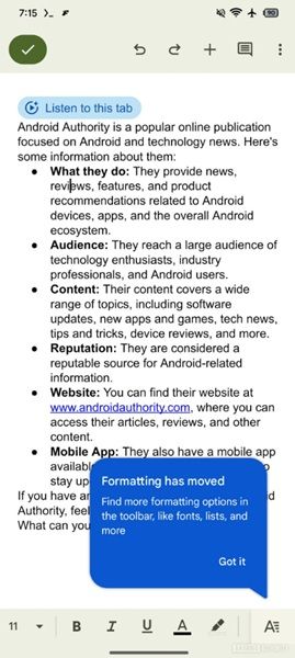 Google Docs on Android is supposedly testing a new home for its formatting tool, which could place it at the bottom for better/easier smartphone use.
