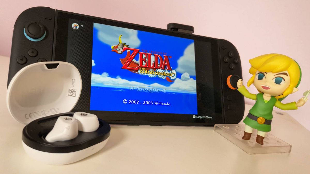 Photo of the Nintendo Switch 2 hooked up to the SteelSeries Arctis Game Buds.