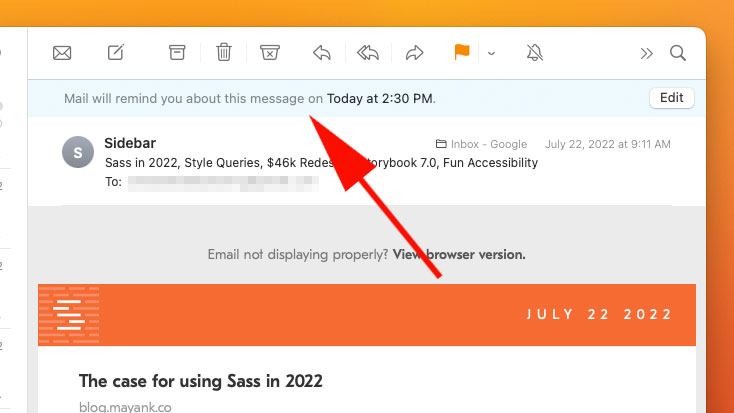 An opened email in the Mail app in macOS Ventura showing a note explaining the app will remind the user of the email at a later time.