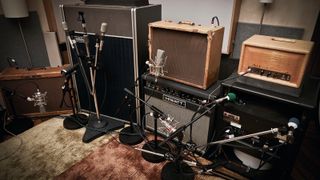 A selection of amps and microphones belonging to David Gilmour