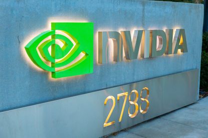 Nvidia corporate office headquarters building with company logo and sign at the entrance in Santa Clara California daytime exterior