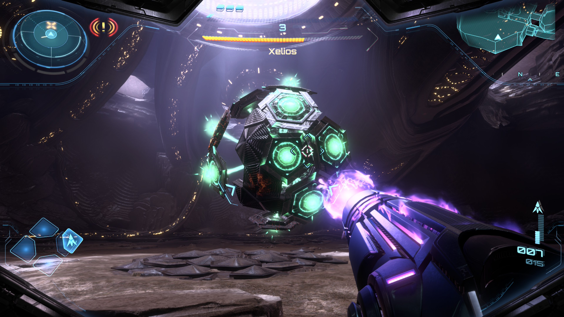 Samus shoots the mechanical boss Xelios in Metroid Prime 4: Beyond