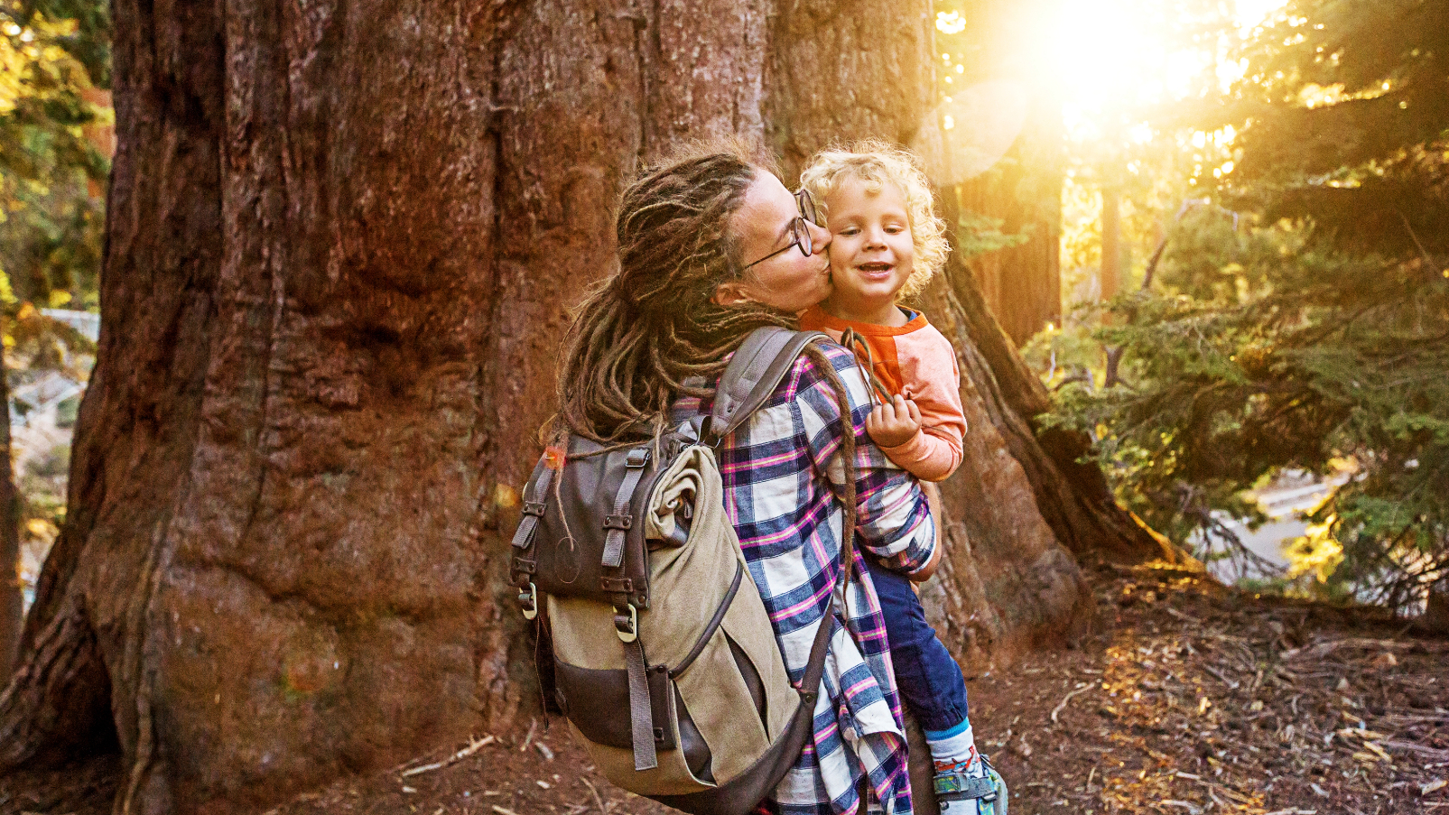 Woman in the woods with child