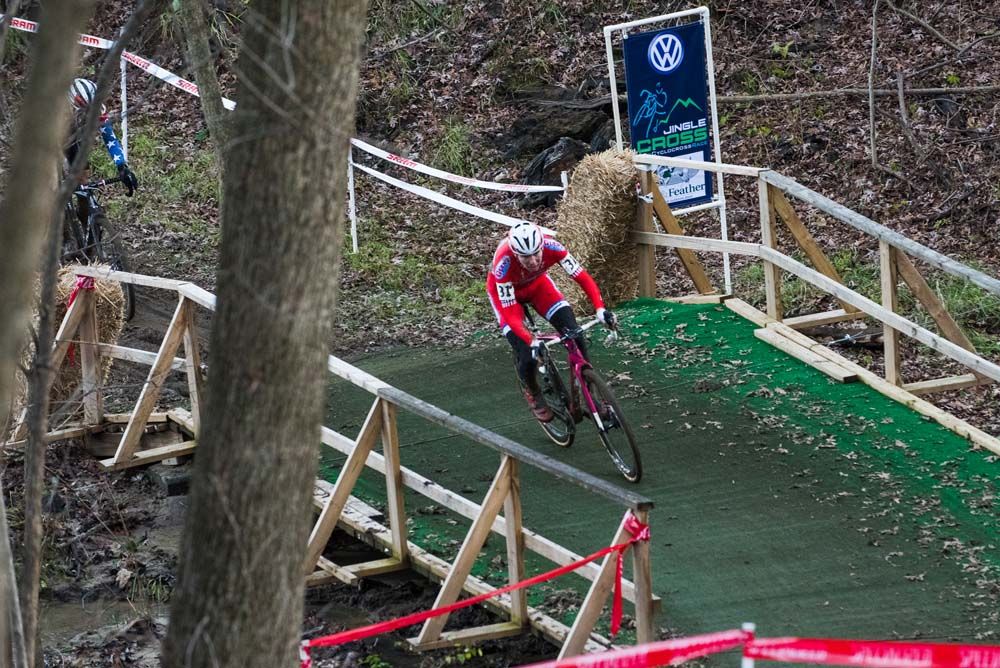 Logan Owens (Cal Giant) makes his way across the bridge at the base of the backside of Mt. Krumpit