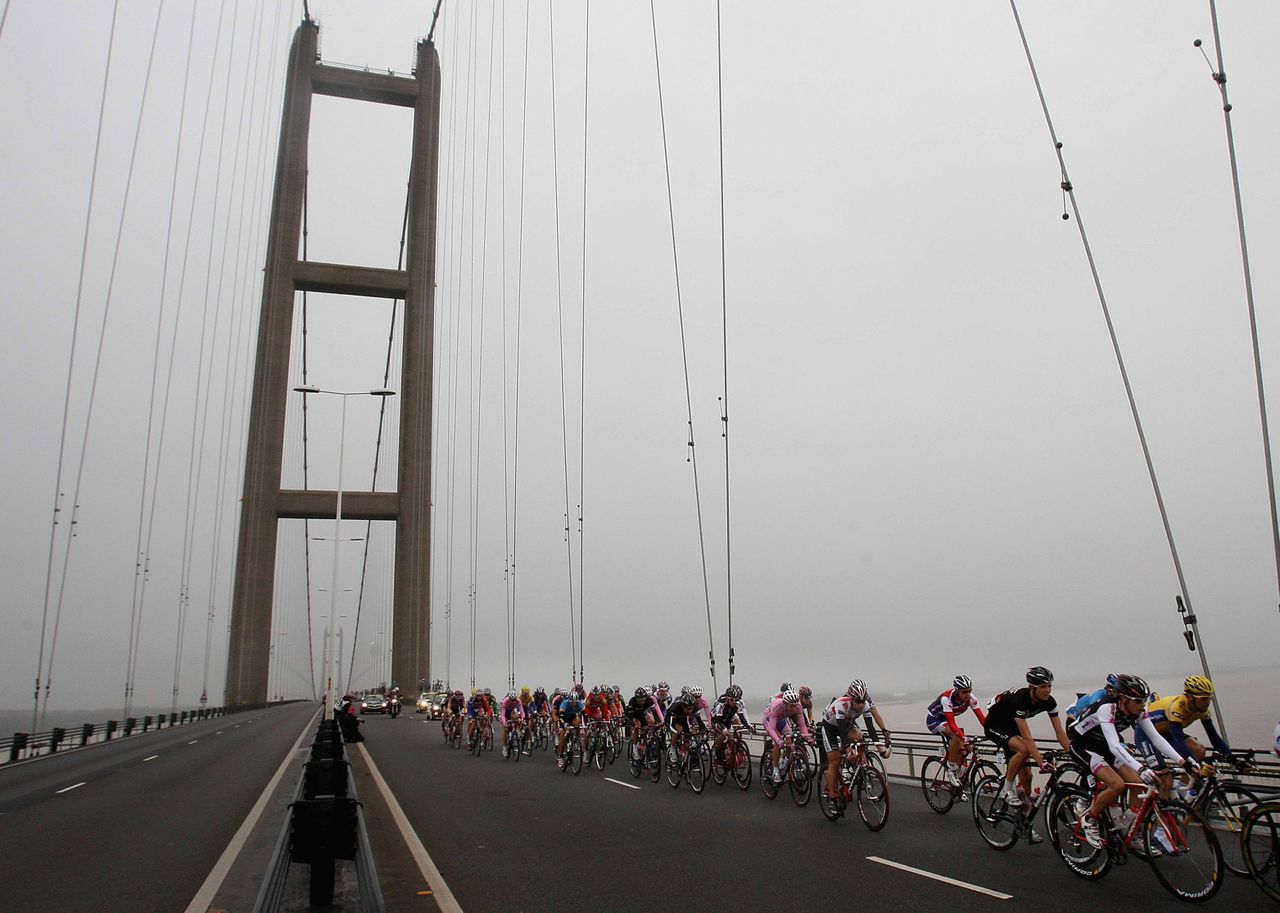 The Tour of Britain peloton crosses the Humber Bridge near Hull in 2008.