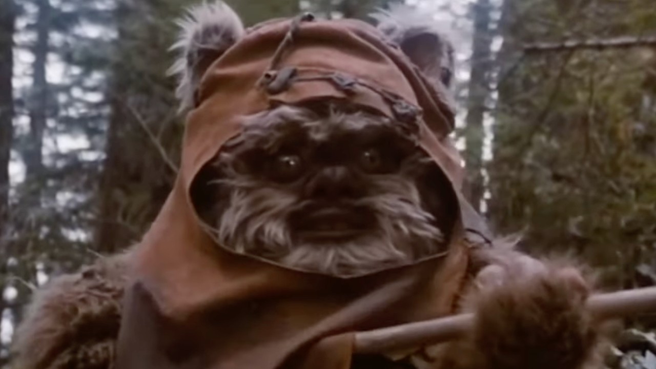 Wicket pointing his spear at Leia