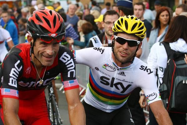 Record-breaking George Hincapie (BMC) gets a pat on the back from Mark Cavendish (Sky)